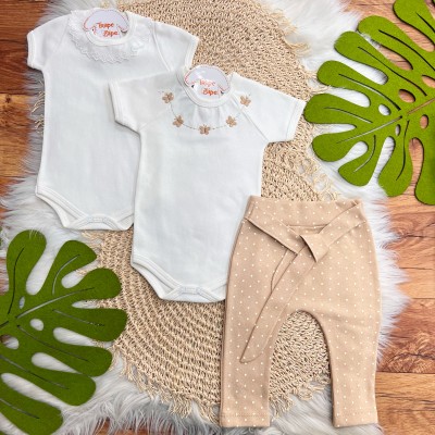 Conj. de Malha 3 peças - Borboletas com Poá - Areia e Off White